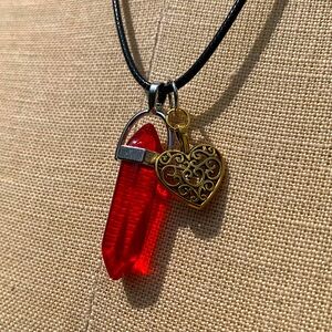 Handmade Blood Red Resin Crystal Amulet Necklace & Heart Charm